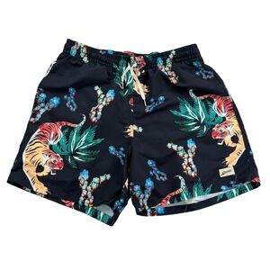 Bather Shorts Mens L Blue Animal Tiger Print Microfiber Drawstring 6 Inseam
